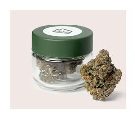 Trichome-dusted cannabis flower bud beside a clear glass jar with a dark green lid on a pale background