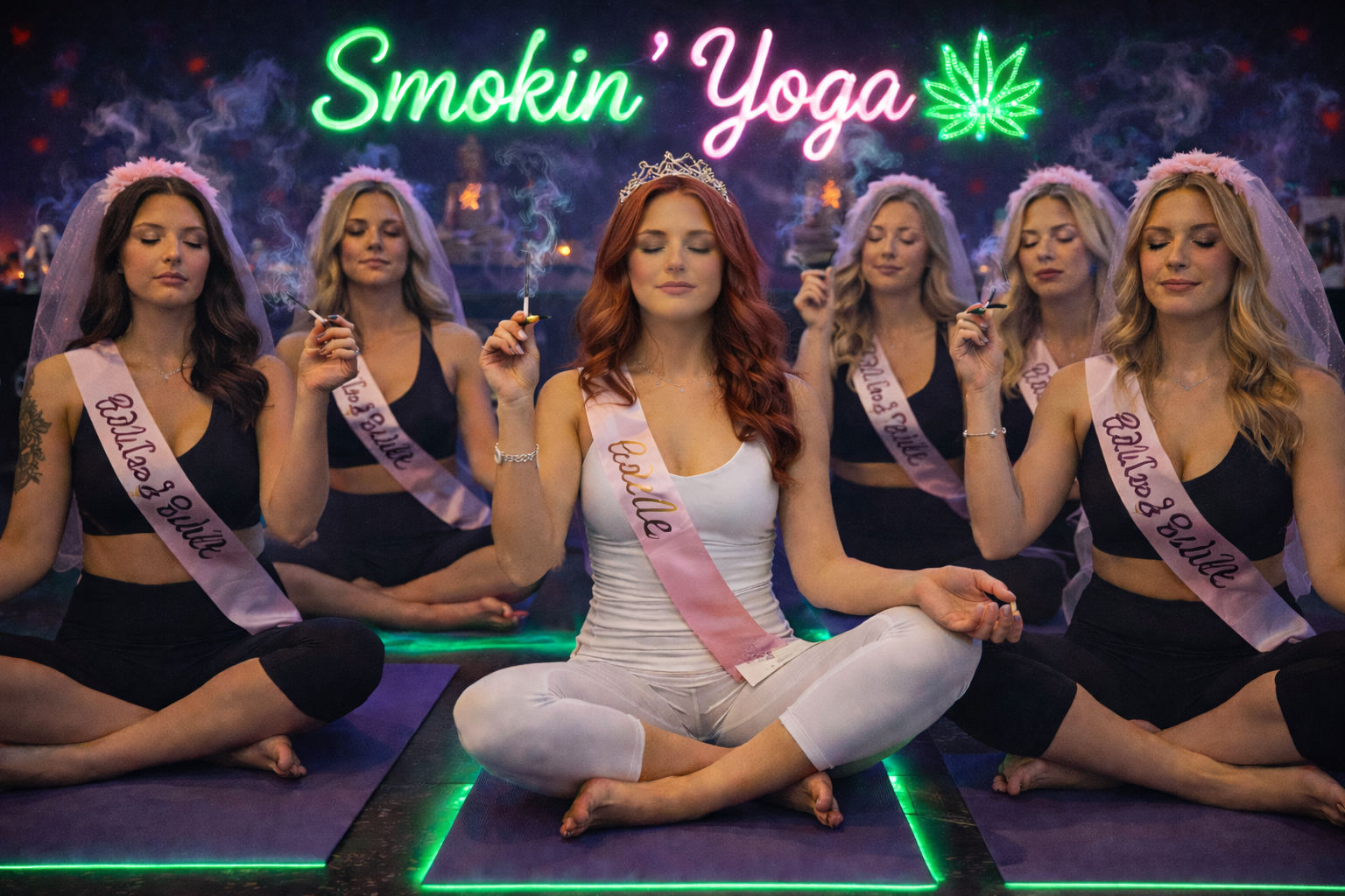 Women in veils and sashes meditating cross-legged on yoga mats while holding lit joints under a neon 'Smokin' Yoga' sign with a cannabis leaf — a bachelorette-style, cannabis-friendly indoor yoga session.