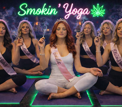 Women in veils and sashes meditating cross-legged on yoga mats while holding lit joints under a neon 'Smokin' Yoga' sign with a cannabis leaf — a bachelorette-style, cannabis-friendly indoor yoga session.