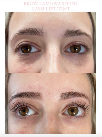 Before-and-after close-up of brown eyes showing brow lamination, wax and tint with lash lift/tint — brows appear brushed-up and fuller and lashes lifted and curled, salon brow and lash treatment result.