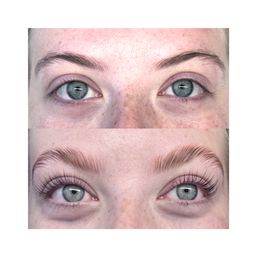 Before-and-after close-up of blue eyes and freckles showing brow lamination and lash lift: flat sparse brows and straight lashes (top) transformed into fluffy brushed-up brows and curled lifted lashes (bottom) — beauty salon brow and lash treatment.
