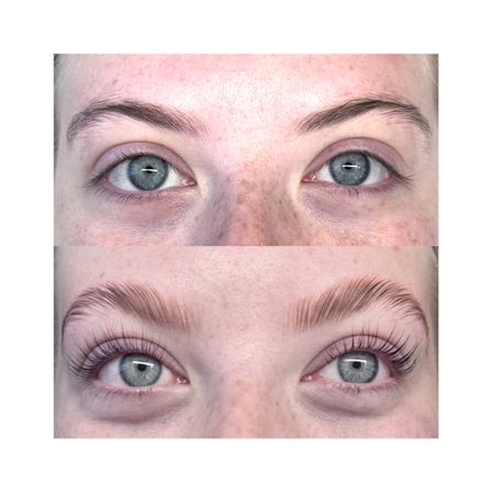 Before-and-after close-up of blue eyes and freckles showing brow lamination and lash lift: flat sparse brows and straight lashes (top) transformed into fluffy brushed-up brows and curled lifted lashes (bottom) — beauty salon brow and lash treatment.