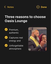 Promotional lounge graphic on dark background with three yellow checkmarks highlighting premium, authentic and unforgettable atmosphere, plus a photo of two well-dressed guests — a bearded man in a suit with gold accents holding a cigar and a woman with red hair — conveying an upscale nightlife vibe.