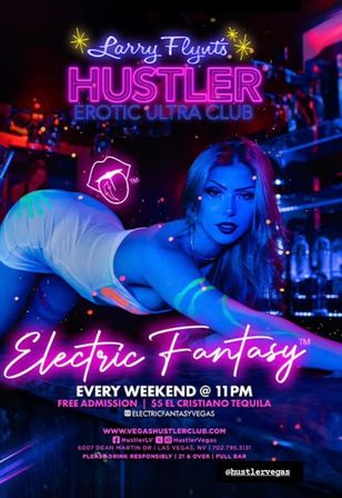 Neon Las Vegas nightclub poster: a woman in a white outfit and UV body paint leans on a bar under electric pink and blue lights, with bold neon text promoting an "Electric Fantasy" weekend event.