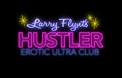 Retro neon adult nightclub sign with bright pink block letters, blue cursive headline, smaller blue subtitle, and yellow starburst accents on a black background.