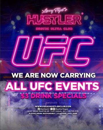 Neon-style UFC poster announcing all UFC events and $3 drink specials, bright pink signage over club stage lights and smoky dancefloor at a Las Vegas nightclub.