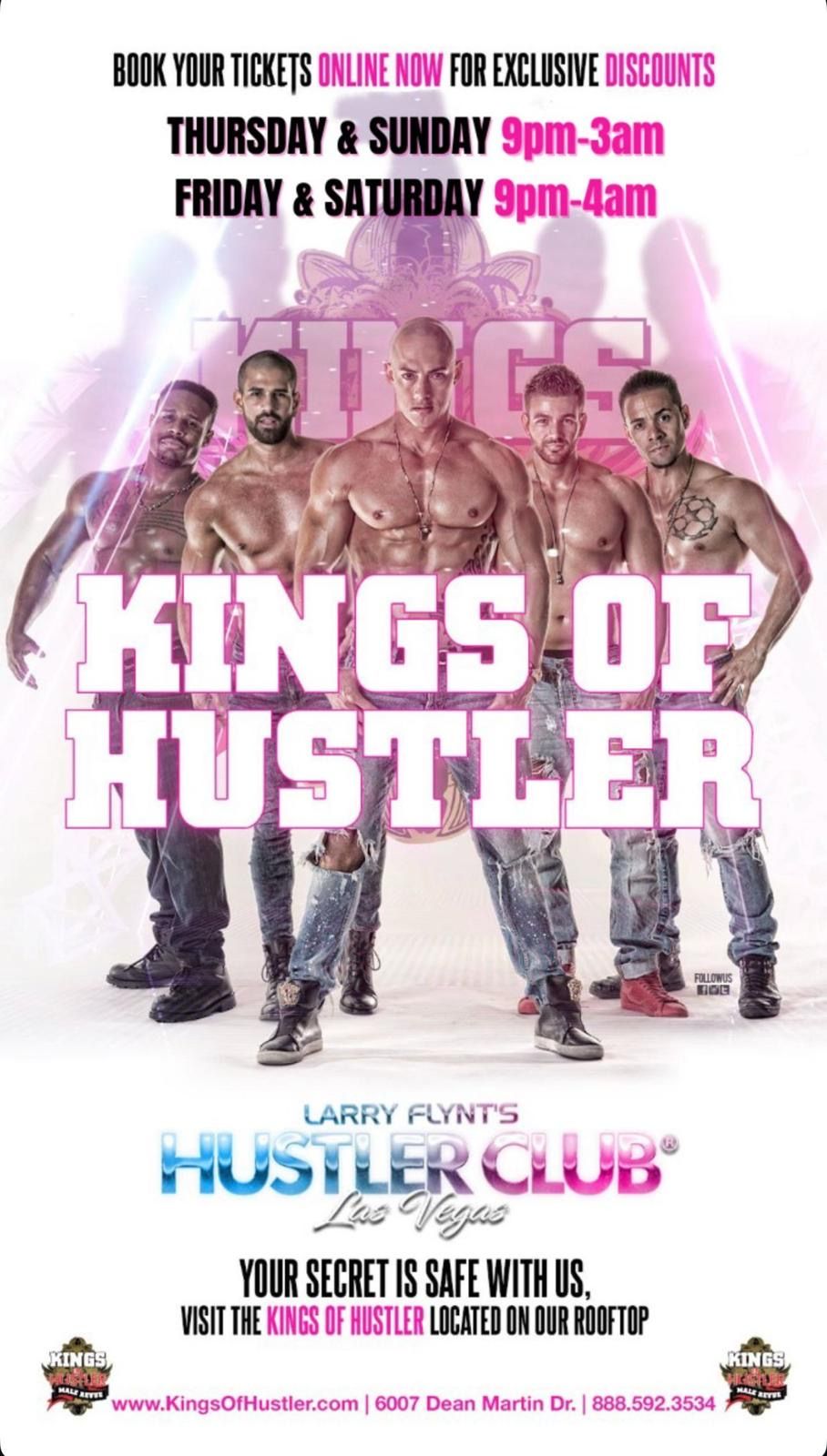 Las Vegas male revue poster showing five shirtless muscular dancers in ripped jeans posing under a bold pink headline, with late-night showtimes listed (Thu & Sun 9pm-3am; Fri & Sat 9pm-4am) and a rooftop show advertisement.