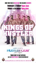Las Vegas male revue poster showing five shirtless muscular dancers in ripped jeans posing under a bold pink headline, with late-night showtimes listed (Thu & Sun 9pm-3am; Fri & Sat 9pm-4am) and a rooftop show advertisement.