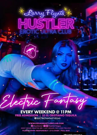 Neon Las Vegas nightlife poster featuring a blue-lit dancer in a provocative pose and bright pink and purple neon text promoting a weekend erotic nightclub event.