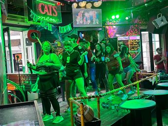 Karaoke night at a neon-lit downtown bar: a group of friends singing and dancing on a small stage under green party lights with microphones and cheering crowd.