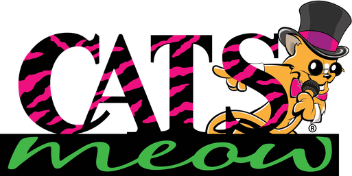 Playful logo: large pink-and-black zebra-striped letters spelling CATS with green cursive meow beneath, and a cartoon orange cat in a top hat, sunglasses and bow tie singing into a microphone