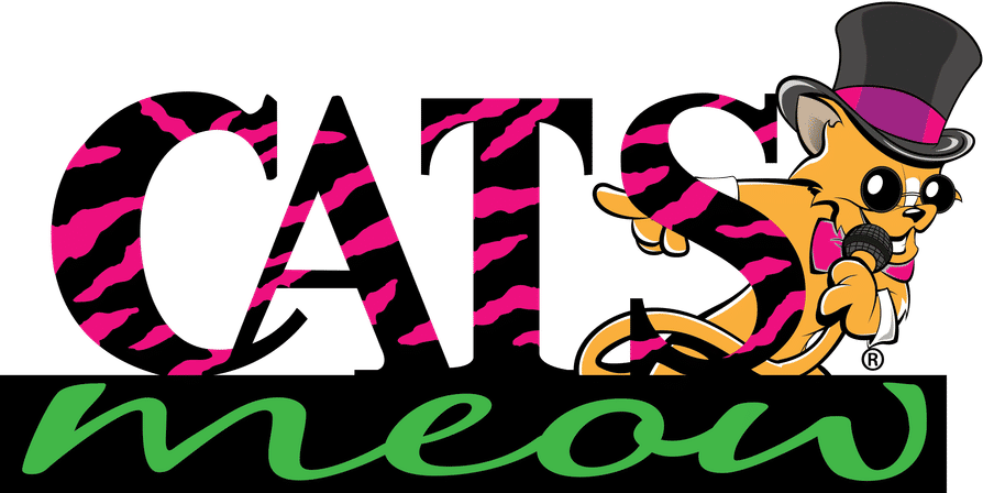 Playful logo: large pink-and-black zebra-striped letters spelling CATS with green cursive meow beneath, and a cartoon orange cat in a top hat, sunglasses and bow tie singing into a microphone