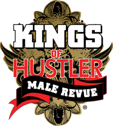 Bold, edgy male revue show logo: oversized white headline, large red subheading and a black banner reading "Male Revue" layered over an ornate gold winged crest.
