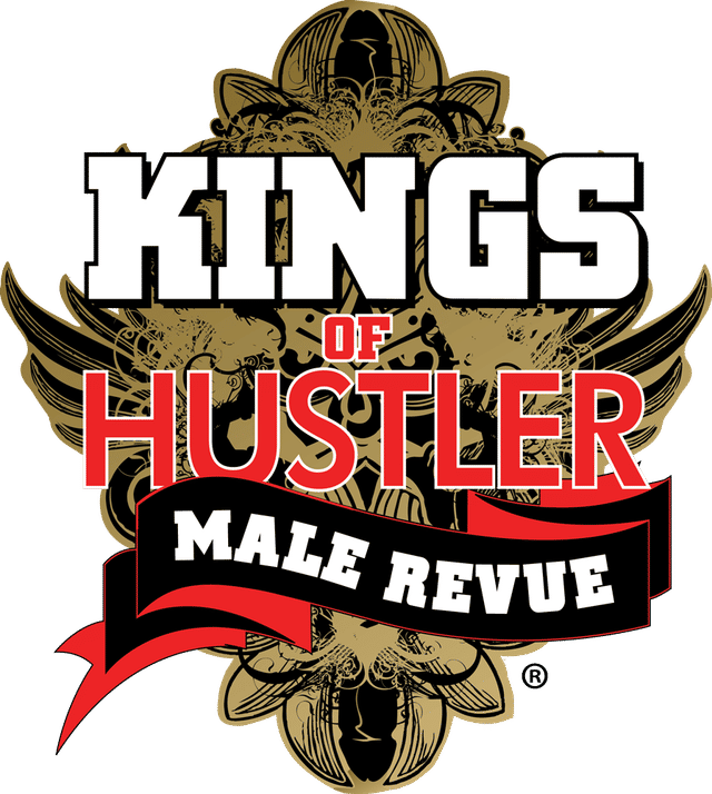 Bold, edgy male revue show logo: oversized white headline, large red subheading and a black banner reading "Male Revue" layered over an ornate gold winged crest.