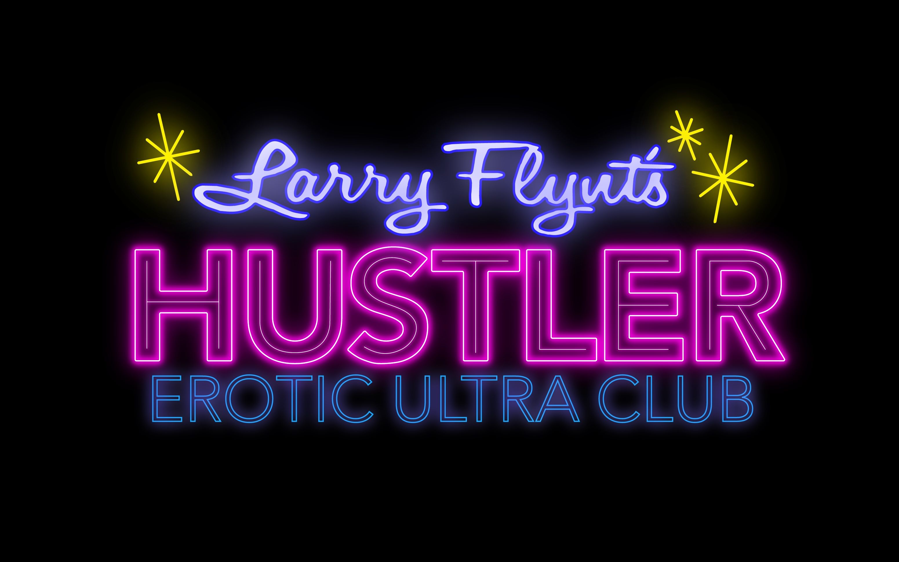 Retro neon nightclub sign on black background: blue cursive name above a bold pink neon headline, smaller blue tagline reading “Erotic Ultra Club,” and yellow starburst accents.