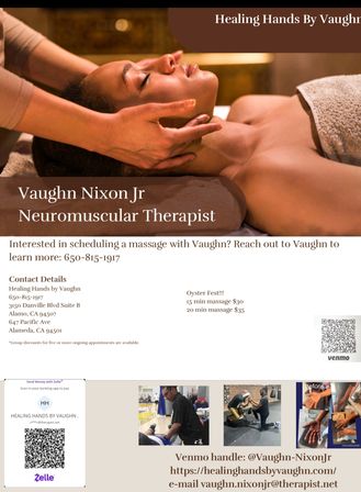 Relaxed woman with eyes closed receiving a soothing neck and jaw massage in a warm spa setting; promotional flyer layout showing service title, contact details, small photos, pricing and QR codes for neuromuscular massage in the San Francisco Bay Area, CA.