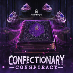 Purple mystical cookbook embossed with a cupcake emblem, flanked by three purple‑frosted cupcakes and the bold title "CONFECTIONARY CONSPIRACY" — whimsical dessert poster for a bakery.