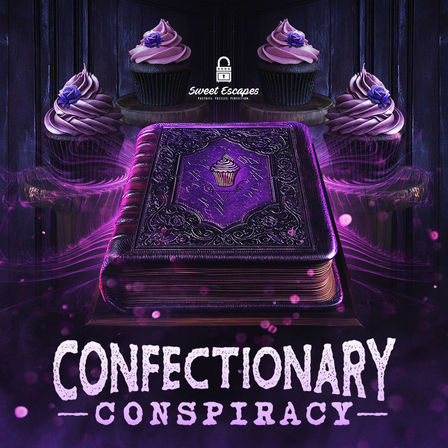 Purple mystical cookbook embossed with a cupcake emblem, flanked by three purple‑frosted cupcakes and the bold title "CONFECTIONARY CONSPIRACY" — whimsical dessert poster for a bakery.