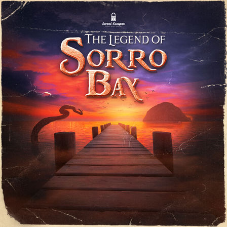Vintage-style poster titled "The Legend of Sorro Bay" showing a wooden pier at sunset leading into a colorful purple-orange bay with a silhouetted island, a curling sea-serpent shape in the water, and a worn, textured finish.