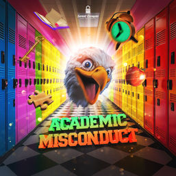 Colorful school hallway with rainbow lockers and checkered floor, a cartoon eagle head bursting forward among floating apple, alarm clock, key, puzzle piece and open book, bold 3D text reading "Academic Misconduct" — playful education-themed graphic.