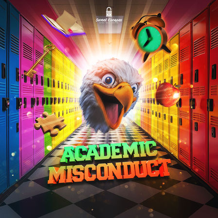 Colorful school hallway with rainbow lockers and checkered floor, a cartoon eagle head bursting forward among floating apple, alarm clock, key, puzzle piece and open book, bold 3D text reading "Academic Misconduct" — playful education-themed graphic.