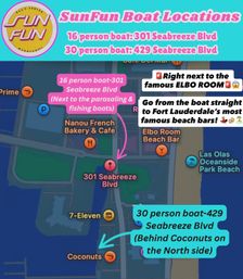 Bright SunFun Boat Locations map of Fort Lauderdale showing two Seabreeze Blvd pickup points — 16‑person boat at 301 Seabreeze Blvd and 30‑person boat at 429 Seabreeze Blvd (behind a northside beachfront bar) with arrows pointing to the beach area and nearby ocean park.