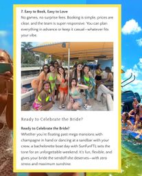Bachelorette boat party: group of women in colorful swimsuits laughing and posing under a yellow canopy on a sunny party boat off the South Florida coast.
