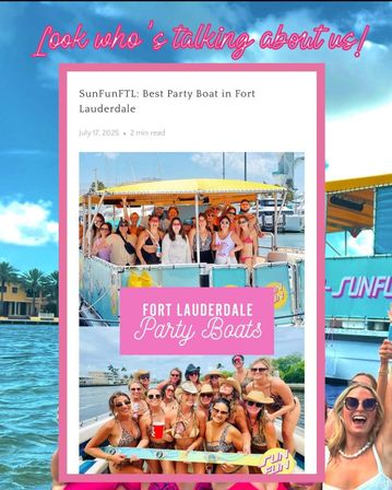 Promotional collage of a large, smiling group on colorful party boats at a sunny Fort Lauderdale marina, with a pink headline promoting local party boats.