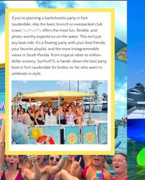 Fort Lauderdale party boat with a smiling group of adults posing under a yellow canopy at a sunny marina — colorful décor, life ring, and yachts in the background