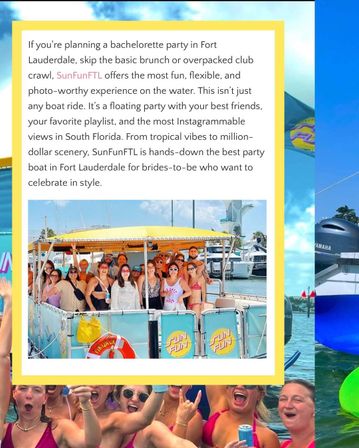 Fort Lauderdale party boat with a smiling group of adults posing under a yellow canopy at a sunny marina — colorful décor, life ring, and yachts in the background