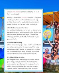 Fort Lauderdale party boat scene with a flyer about private boat parties beside smiling friends in swimsuits on a colorful boat and floaties under a clear blue sky.
