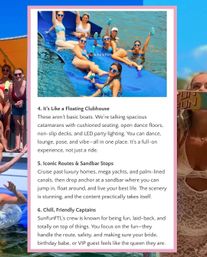 Group of women in swimsuits and sunglasses lounging on a large blue inflatable mat in calm water, holding canned drinks — sunny floating party scene beside an article about boat sandbar stops.