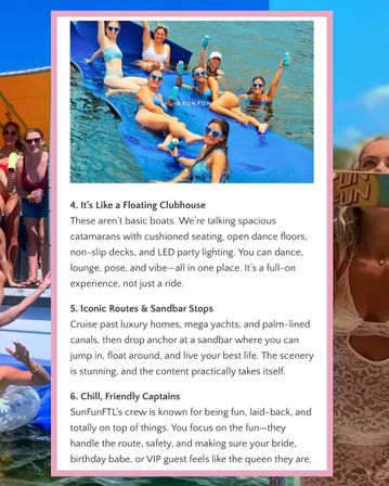 Group of women in swimsuits and sunglasses lounging on a large blue inflatable mat in calm water, holding canned drinks — sunny floating party scene beside an article about boat sandbar stops.