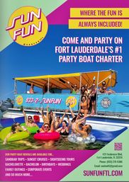 Vibrant promo photo of friends cheering in colorful inflatables beside a yellow‑canopied party boat on clear blue waters in Fort Lauderdale, Florida — perfect for sandbar trips, sunset cruises and boat charters.