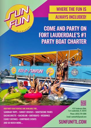 Vibrant promo photo of friends cheering in colorful inflatables beside a yellow‑canopied party boat on clear blue waters in Fort Lauderdale, Florida — perfect for sandbar trips, sunset cruises and boat charters.