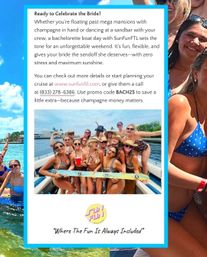 Bachelorette-style boat party on a sunny coastal Florida waterway — a smiling group of women in swimsuits and sunhats posing on a boat deck, holding drinks and cheering with palm trees and waterfront in the background.