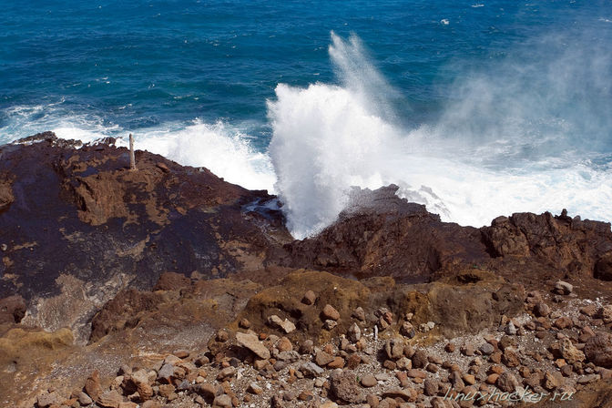 Rocky volcanic coastline with waves crashing into an ocean blowhole, sending white spray high above the deep blue sea.