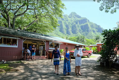 Three people strolling past a rustic red island market and parked pickup, framed by palm trees and dramatic green volcanic ridges under a bright blue sky — tropical island market scene.