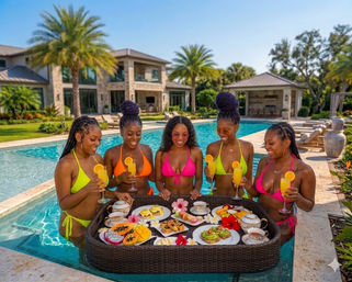 Five women in colorful bikinis enjoying a floating breakfast tray and mimosas in a sunny tropical pool outside a luxury villa with palm trees, perfect for poolside brunch or vacation.