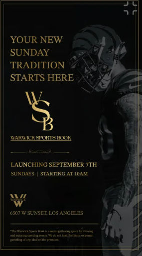 Sleek black-and-gold poster with a helmeted football player silhouette and bold gold text promoting a new Sunday sports-viewing tradition launching Sept. 7 in Los Angeles, Sundays from 10 AM.