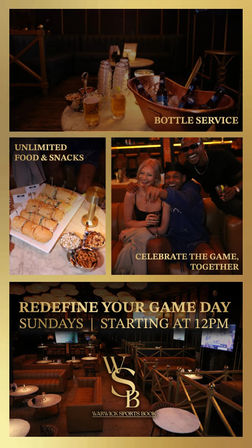 Collage of a dim sports-bar lounge: bottle service with beers on ice, a platter of snacks and rolls, friends celebrating with drinks, and cozy leather booths with TV screens — Sunday game-day vibe starting at 12 PM.