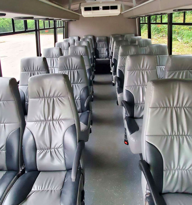 Coach bus interior with empty rows of gray leather reclining seats and armrests, a central aisle and large windows showing green foliage outside.