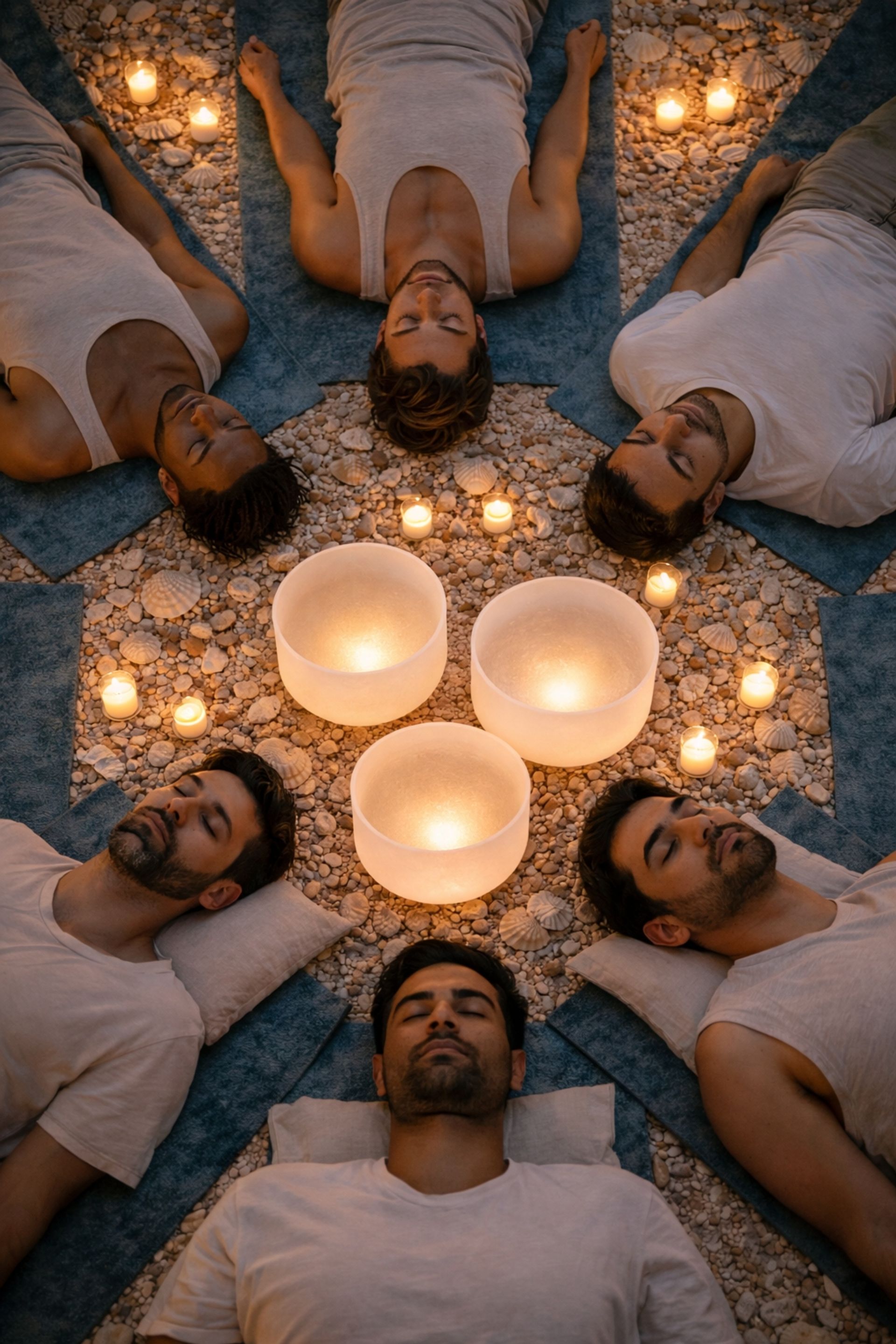 Six adults lie in a circle on pebble beach mats for an outdoor sound bath, glowing crystal singing bowls and candles creating a warm, meditative wellness scene.