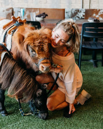 Woman kneeling on artificial turf in an indoor petting area, lovingly cuddling two miniature ponies — a fluffy reddish-brown pony and a smaller black pony wearing halters.