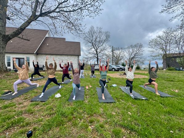 Outdoor group yoga class on a suburban backyard lawn: participants on black mats in low lunge with arms raised, house, bare trees and cloudy spring sky in the background.