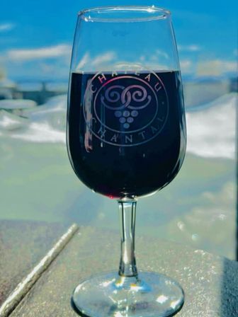Stemmed glass of deep red wine resting on a sunlit seaside railing with sparkling ocean and bright blue sky softly blurred in the background.
