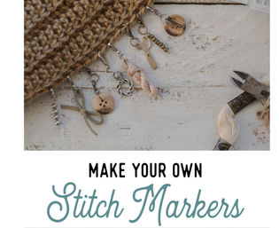 DIY knitting stitch markers clipped to a chunky tan knit, featuring wooden buttons, metal charms, beads and embroidery floss next to craft pliers on a distressed white wood surface