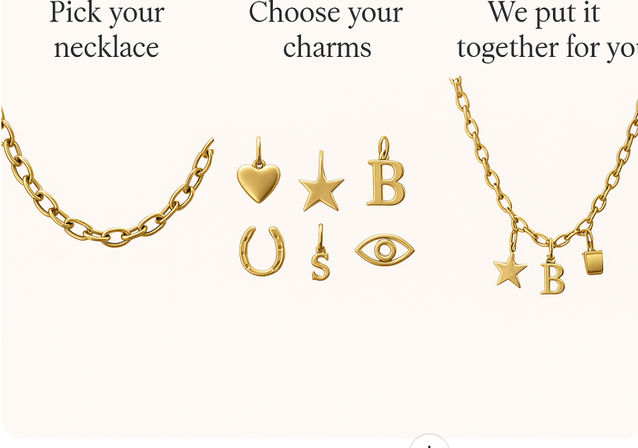 Customizable gold charm necklace options on cream background showing a chunky gold chain, six small gold charms (heart, star, letter B initial, horseshoe, dollar sign, eye) and an example assembled charm necklace