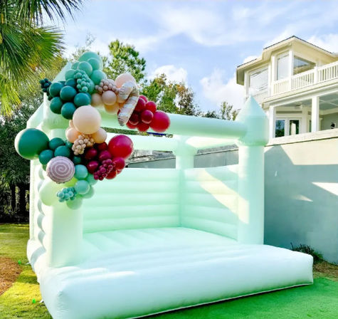 Mint-green inflatable bounce house decked with a colorful pastel balloon garland on a sunny backyard lawn next to a modern white house and palm tree, outdoor party decor