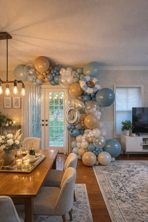 Indoor dining-living room with a large blue, beige and clear balloon arch framing French doors, dining table set with candles and champagne, cozy modern home decor.